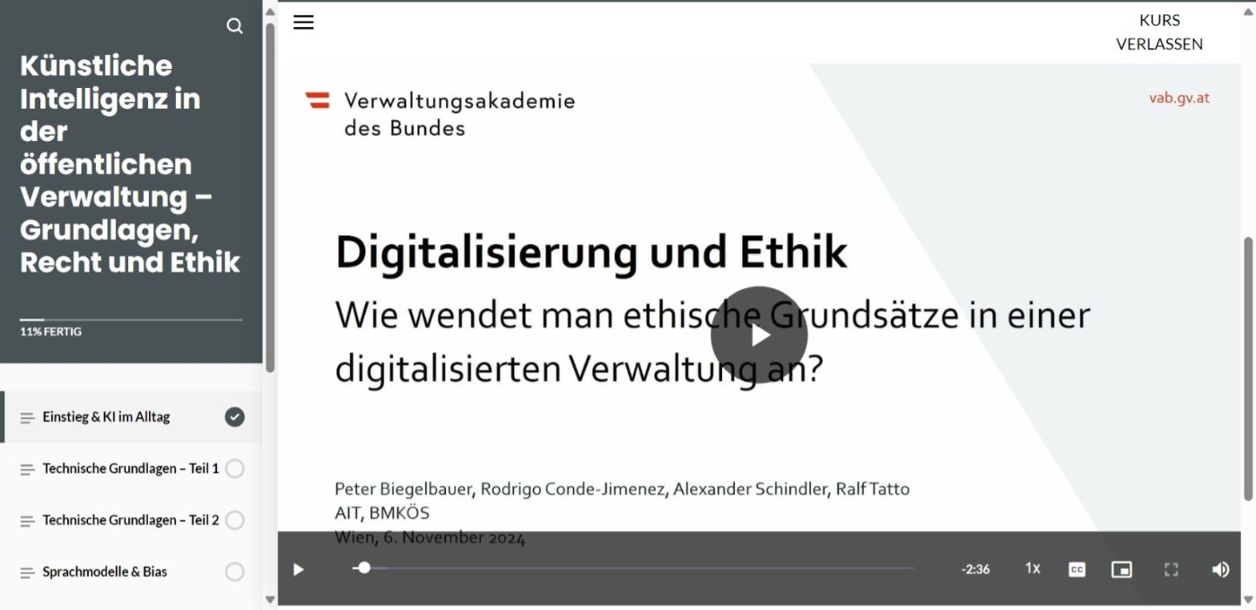 Screenshot des E-Learnings "Künstliche Intelligenz in der öffentlichen Verwaltung – Grundlagen, Recht und Ethik"