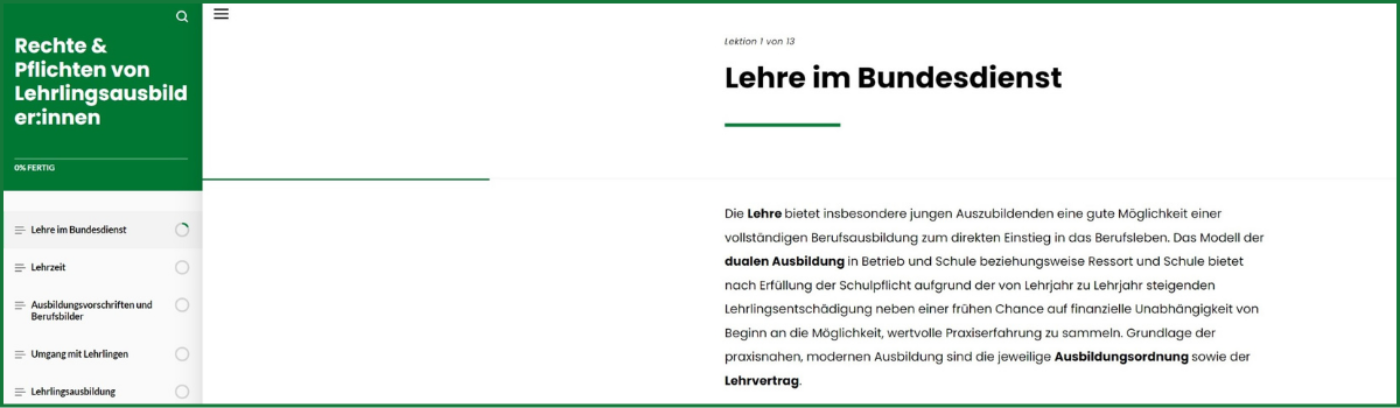 Screenshot E-Learning Lehrlingsausbildner